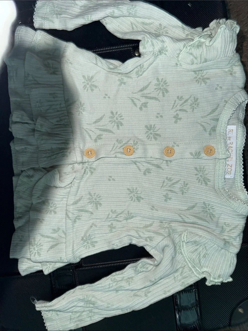 Rachel Zoe Light Green Floral Ribbed Baby Top & bottom with Matching Headband